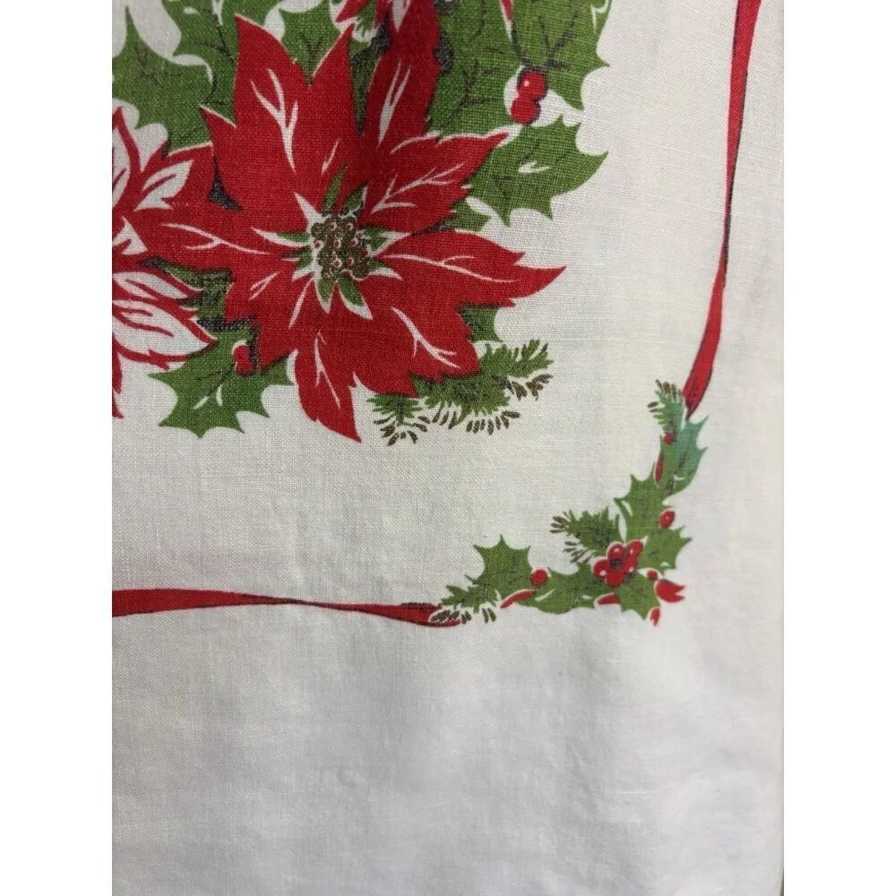 Vintage‎ Christmas Holly Candle Poinsettia Holly Tablecloth White Red Rectangle